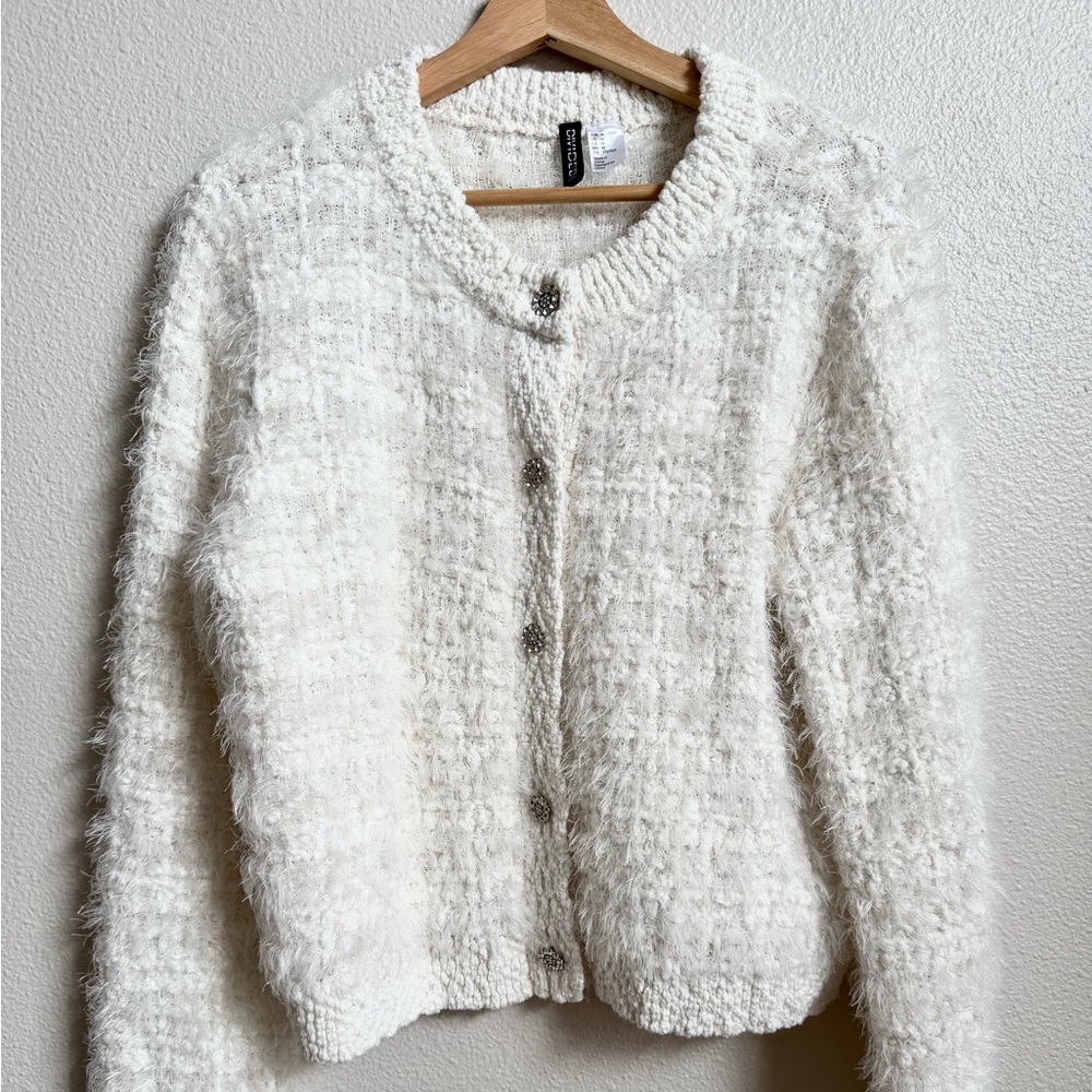 H&M White Textured Button-Up Cardigan Special Occasion Holiday Fancy